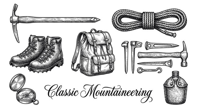 Vintage Mountaineering Gear Collection Hand-Drawn Engraving Style Vector Illustration Featuring Climbing Equipment and Hiking Accessories