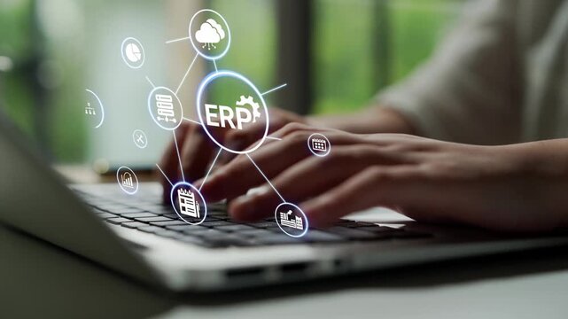 ERP icons show management, integration, and business process. ERP supports data management, ERP efficiency, and ERP organizational solutions. Funnel