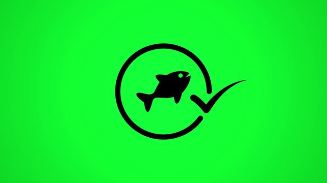 Fish icon animation on a green screen for chroma key use a black fish inside circle with checkmark appearing.