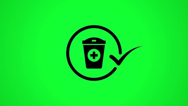 Medical waste bin icon with check mark symbol animation on green screen background for healthcare waste management.