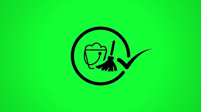Animated cleaning service logo icon with mop bucket and checkmark on green screen background for house keeping.