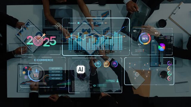 A dynamic business meeting featuring professionals analyzing e-commerce dashboards and data trends for 2025, showcasing technology and collaboration in action. Raster