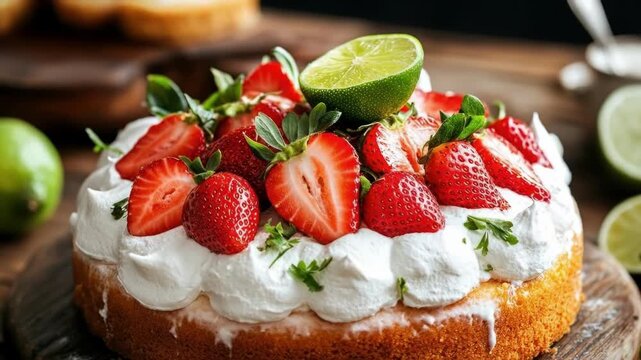 Lime-topped strawberry shortcake with whipped cream on wooden board. Cinco de Mayo, Battle of Puebla Day, Mexican Heritage Festival - Latin American Cultural Celebration