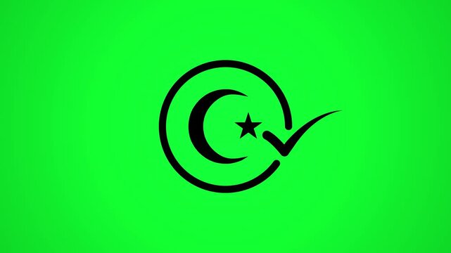 A motion graphic animation of a crescent moon and star symbol within a black circle that completes with a checkmark, set against a green screen background.