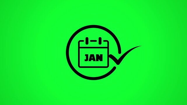 January calendar icon animation with checkmark and loading circle on green screen background.