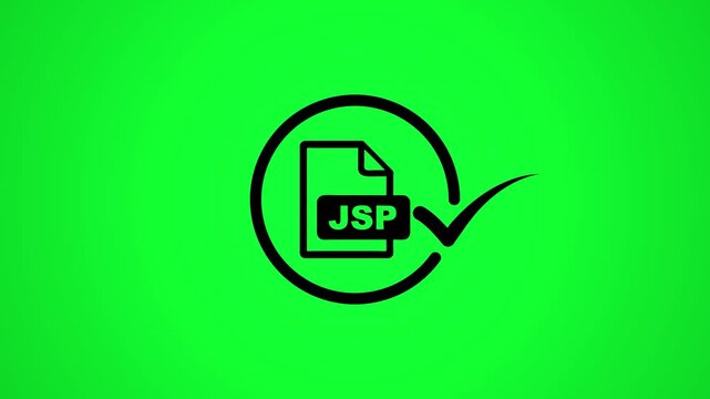 Black jsp file document icon animation with check mark sign on green screen background for coding projects.