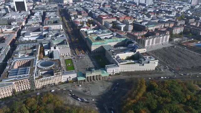 Aerial View of Brandenburg Gate, Brandenburger Tor, in Autumn Day. monument in Berlin, Capital of Germany, Europe.
