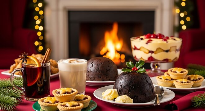 Traditional christmas pudding served with mince pies and mulled wine for festive holiday celebrations presented isolated on transparent background