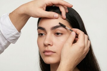 Naklejka premium Makeup artist hands using a spoolie brush to comb and style the thick eyebrows of a beautiful female model