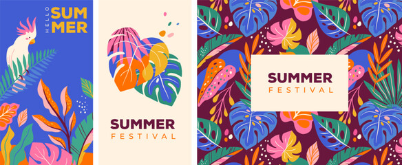Obraz premium Exotic summer festival backgrounds with colorful jungle leaves. Modern tropical banner and poster vector templates.