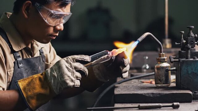 Focused glassblower wearing protective gloves and goggles carefully shaping a piece of molten glass using a blowtorch flame in a dimly lit, traditional workshop setting for handmade crafting