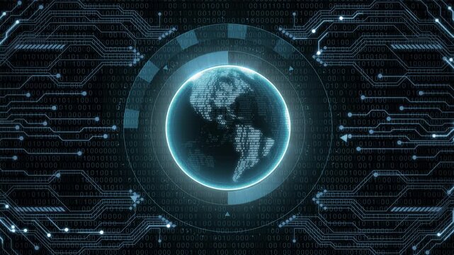 Futuristic digital globe on circuit board background with blue neon lights