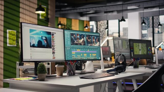 Empty video editing software and streaming platform on dual monitors, used for retouching motion picture and audio sync for sound effects. Creative process of filmmaking in agency office.