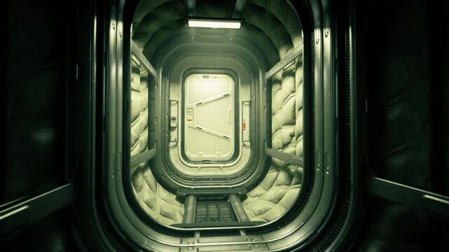 Orbital module maintenance checkpoint with tool console, inspection lights, padded insulation and service walkway staged for technician tasks