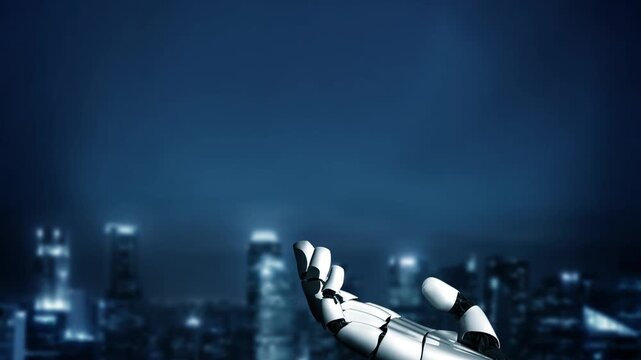 Robotic hand reaching out against cityscape metallic silver