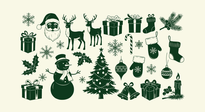 Collection of Vintage Green Christmas Silhouettes with Santa Reindeer Snowman and Gift Box Icons