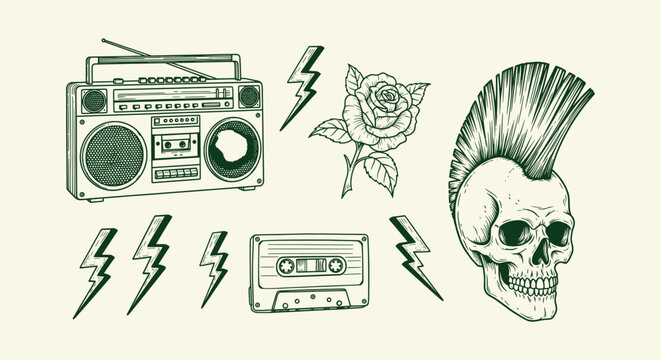 Hand Drawn Retro Punk Rock Music Icons Set with Mohawk Skull Boombox Cassette Rose and Lightning.