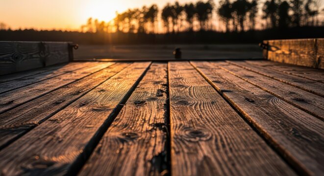 Wooden deck boards at sunset with trees in the distant background