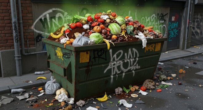 a large green dumpster overflowing with rotting vegetables and garbage on a city street with graffit