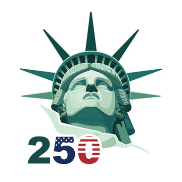 Banner. 250 years of USA Independence Day. Green portrait of the Statue of Liberty. Holiday. Red and blue flat design of numbers with geometric stripes in the colors of the US flag Vector illustration