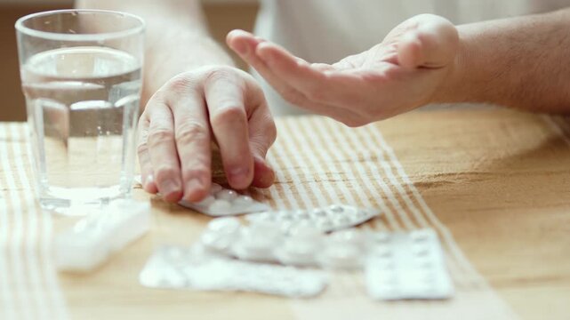 Close Up of Man's Hands Holding Pill and Taking it with Glass of Water 4K 10-bit