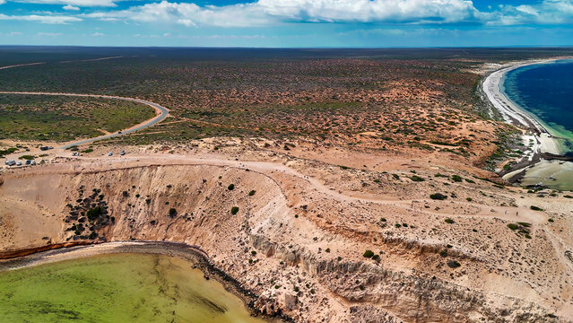Drone photography of Eagle Bluff near Monkey Mia showing cliffs, beaches, and natural landscape