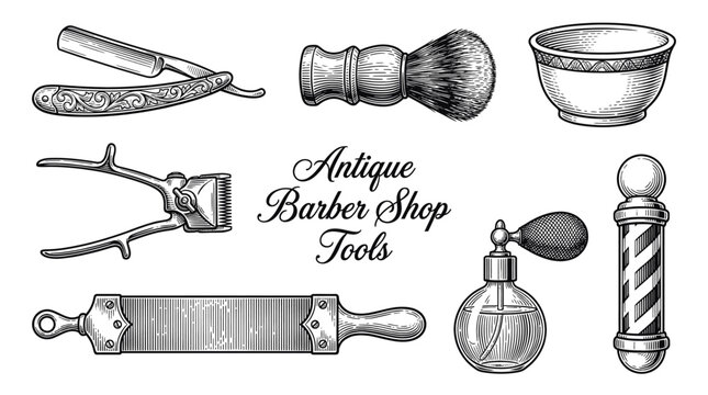 Vintage Engraving Style Barber Shop Tools Vector Illustration Set Featuring Straight Razor Shaving Brush and Barber Pole