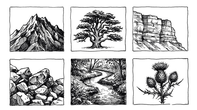 Hand drawn ink nature sketches set with mountain peaks, ancient tree, canyon cliffs, boulders, forest river, and thistle plant illustrations.