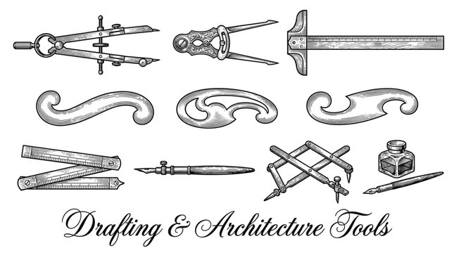 Vintage Architecture and Drafting Tools Vector Illustration Set in Woodcut Style Featuring Compass T-Square French Curves and Engineering Instruments