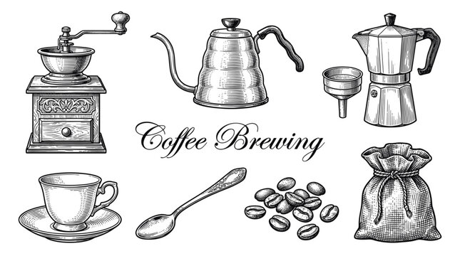 Vintage Coffee Brewing Equipment Set Vector, Engraved Style Illustration with Coffee Grinder, Moka Pot, Gooseneck Kettle, Beans, and Cup for Barista and Cafe Design