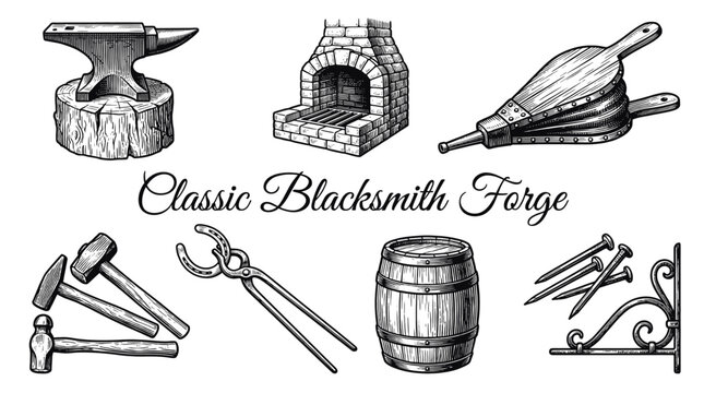 Vintage Blacksmith Forge Tools Set with Anvil, Hammers, Bellows, and Furnace. Hand Drawn Engraving Style Vector Illustration of Forging Equipment for Metalwork and Craftsmanship.