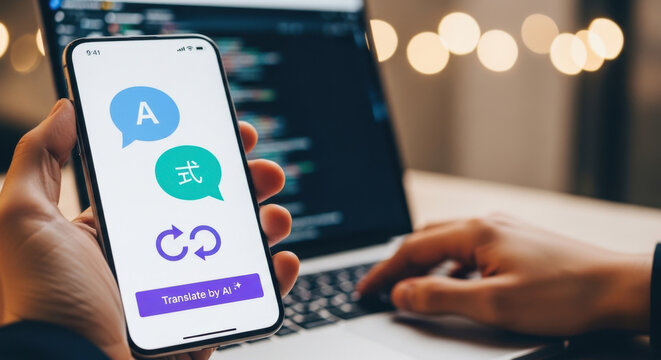 Person using smartphone AI artificial intelligence translate chat communication message multilingual language global international online digital application software innovation technology concept