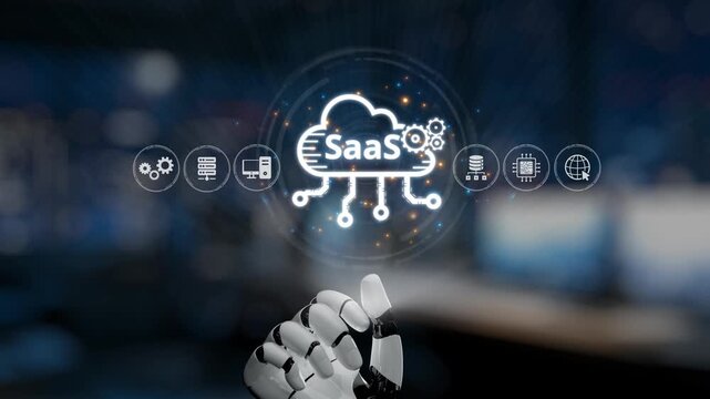A futuristic robotic hand interacts with a cloud symbol displaying SaaS, representing innovative software as a service in a high-tech digital environment. Synapse