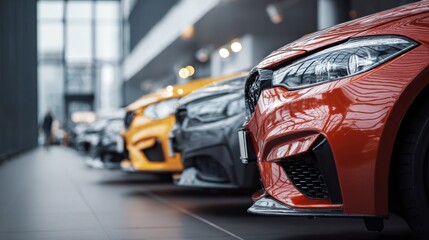 Luxury cars lineup in modern showroom premium automotive retail dealership choice concept