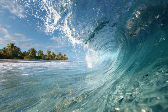 Surfing wave with a 7-foot tall inside curvature, showcasing bright colors and tropical island backdrop under a clear sky at sunset