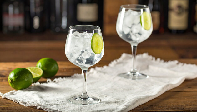 Gin and tonic still life with two lime cocktails on rustic wooden table. AI Generated