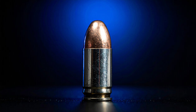 Single handgun cartridge standing upright on dark blue background, macro studio shot. AI Generated