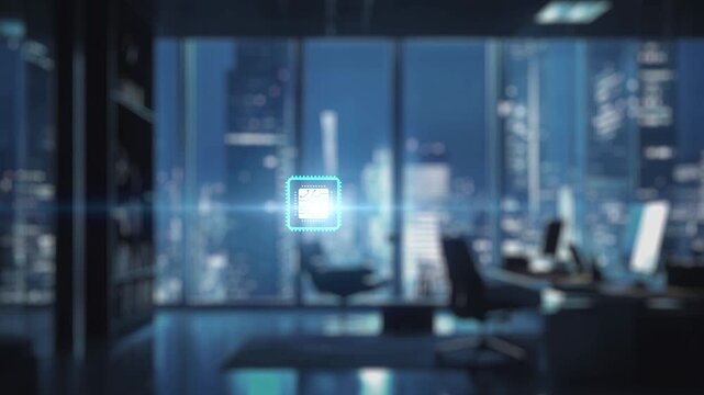 A human hand and a robot hand are poised to connect, centered around a glowing microchip, illustrating the fusion of technology and human interface in today digital landscape. Auvana