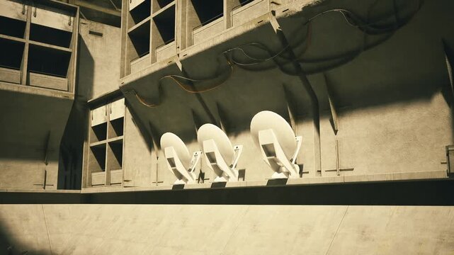 White curved seats bathed in warm sunlight across textured wall, long shadows and high contrast emphasize ruincore mood, scattered debris and peeling surfaces