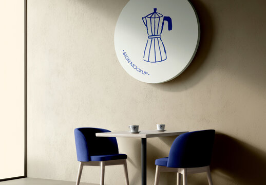 Round Wall Sign Mockup in Minimal Cafe Interior