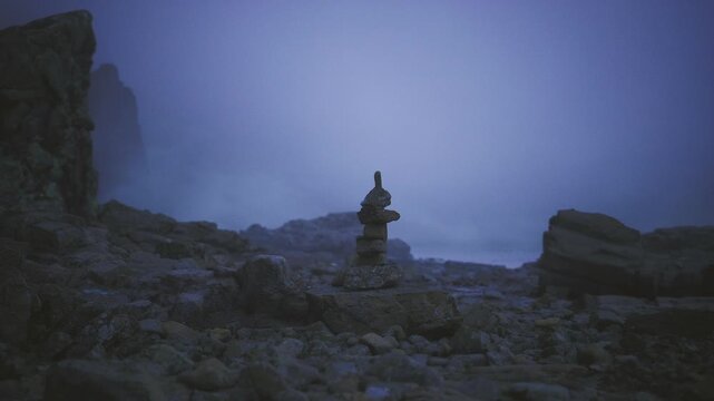 Closeup cairn with blurred backdrop, shallow depth and film grain emphasize stacked stones and tactile texture, moody blue tones create intimate study of form