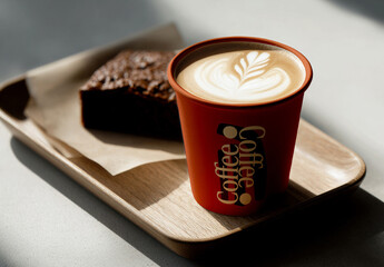 Coffee Cup Mockup with Brownie on Wooden Tray