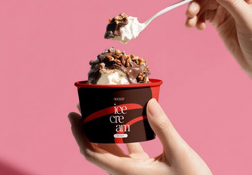 Ice Cream Cup Mockup Held in Hands with Spoon