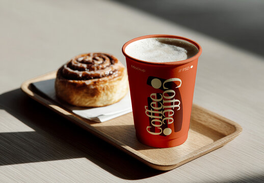 Coffee Cup Mockup with Pastry on Wooden Tray
