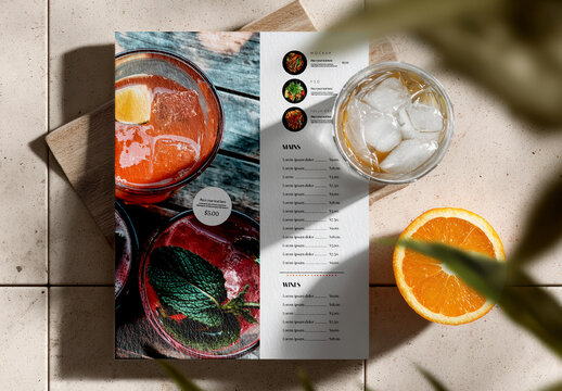 Restaurant Menu Mockup Top View with Drinks and Citrus