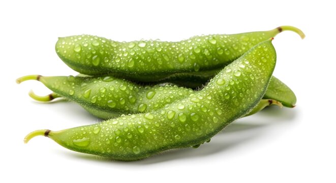 Fresh green broad beans, dew drops on pods fava vegetable