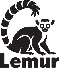 Sitting lemur illustration with a long striped tail in a simple flat graphic black and white © Pappu0099