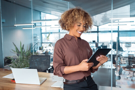 Executive latin woman working using computer for financial business banking work. Smiling mature African American entrepreneur businesswoman looking at digital tablet screen sitting at desk in office