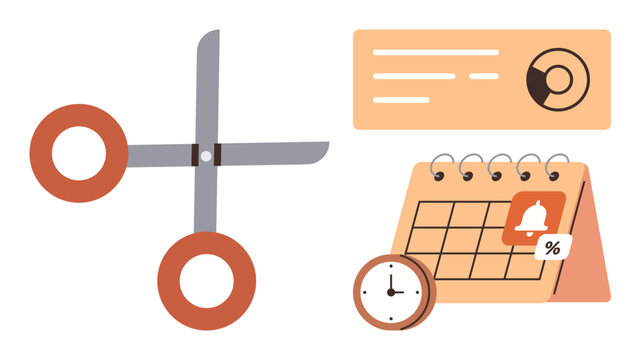 Budgeting, financial planning, scheduling, time management, cost reduction, business organization. Scissors, calendar with alert clock financial chart. Budgeting and financial planning concepts