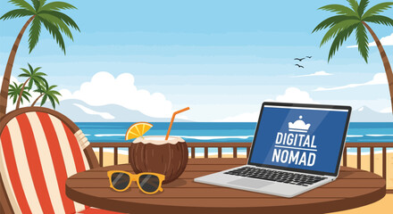 Obraz premium Digital nomad working on laptop at beach.